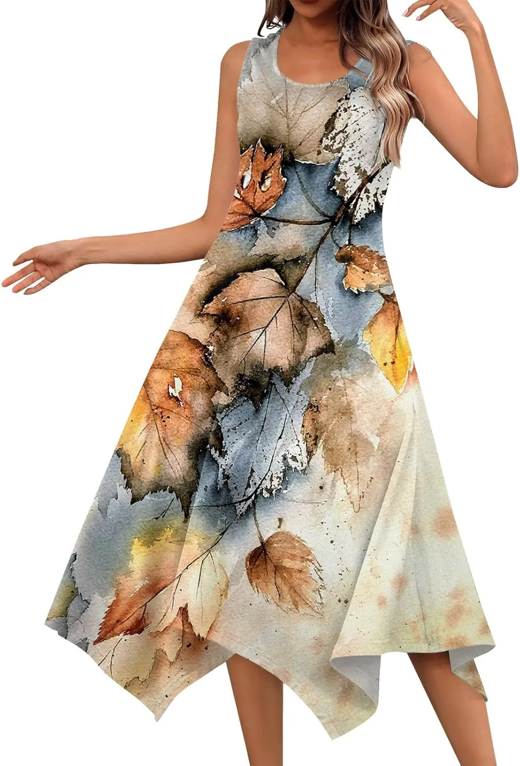 Dresses for Women 2024 Round Neck Floral Print Maxi Dress Sleeveless Flowy Beach Dresses Hankerchief Hem Dress