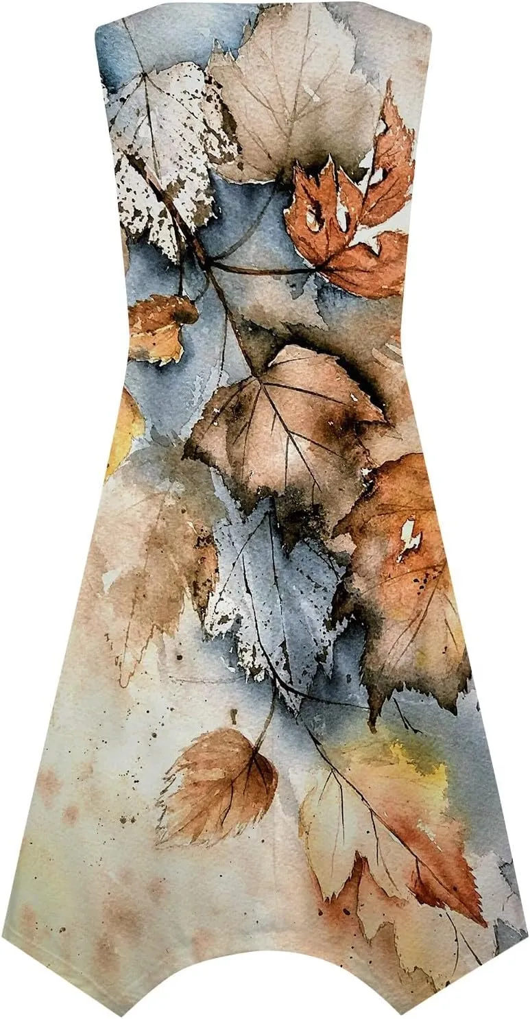 Dresses for Women 2024 Round Neck Floral Print Maxi Dress Sleeveless Flowy Beach Dresses Hankerchief Hem Dress