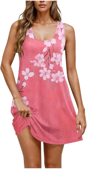 Dresses for Women 2025 Casual Floral Print Sleeveless Crewneck Flowy Mini Dress A Line Summer Beach Vacation Sundress