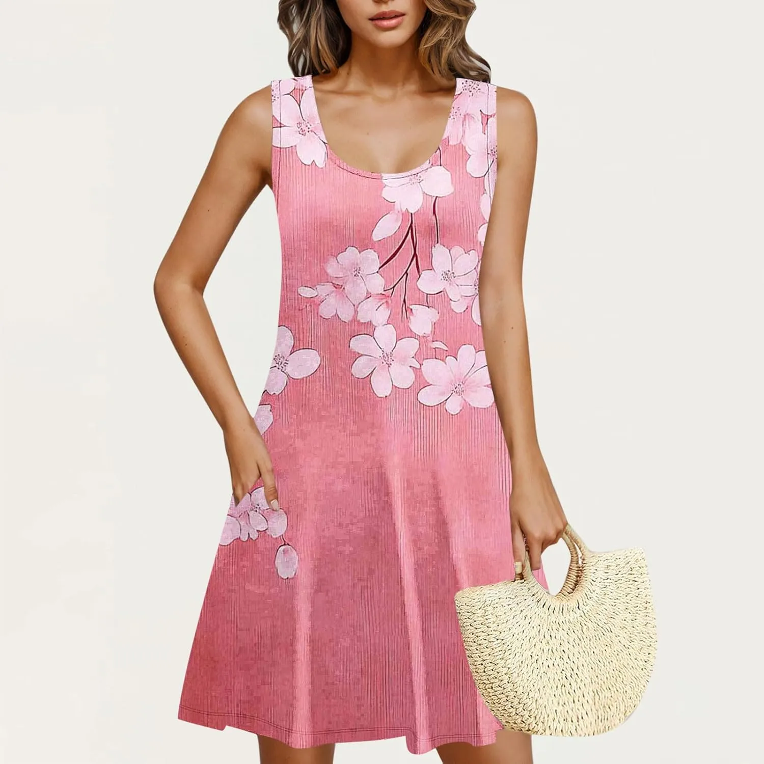 Dresses for Women 2025 Casual Floral Print Sleeveless Crewneck Flowy Mini Dress A Line Summer Beach Vacation Sundress