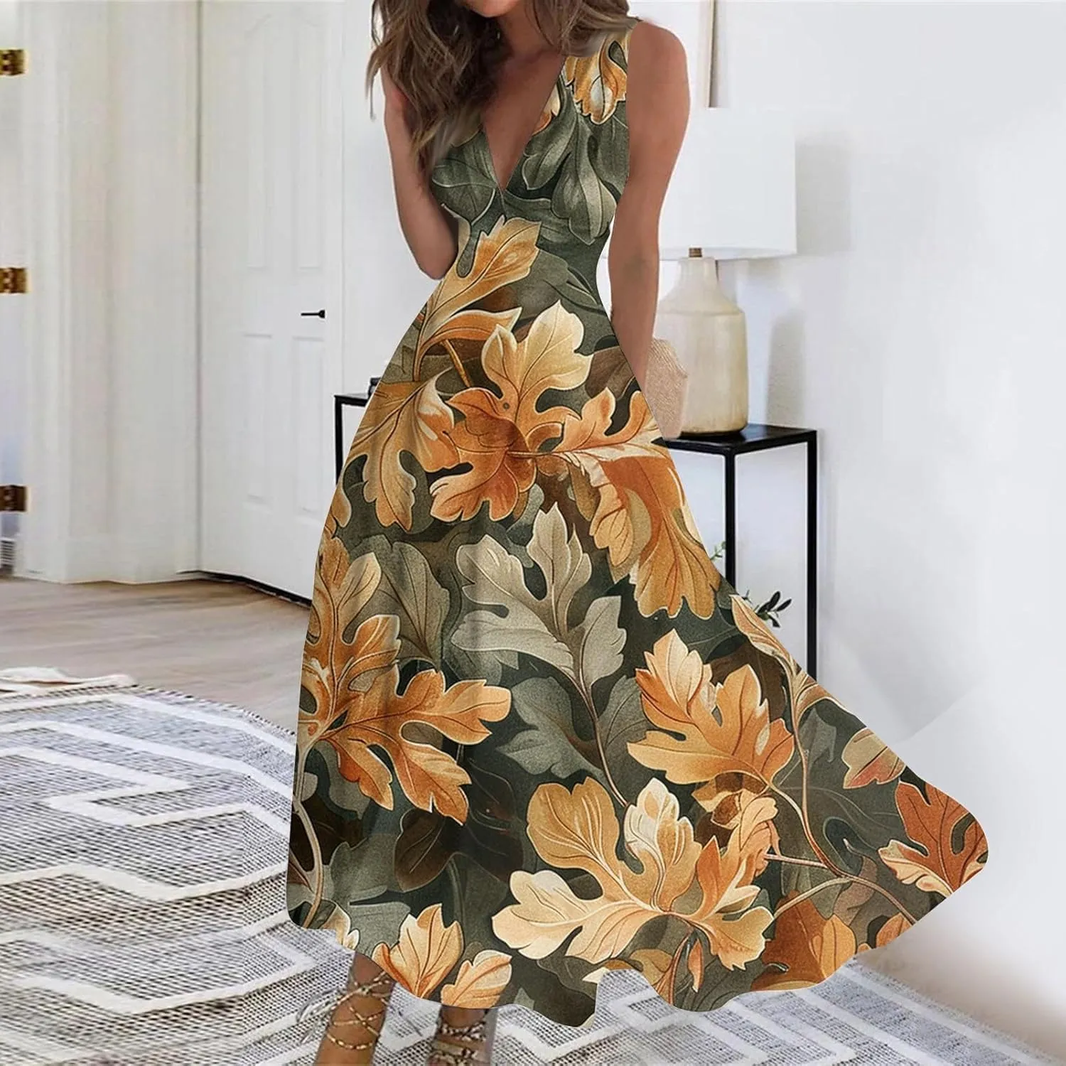 Dresses for Women 2025 Sleeveless Wrap V Neck Beach Dress Flowy Ruched Floral Print Sundress Trendy Maxi Dress