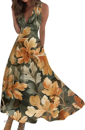 Dresses for Women 2025 Sleeveless Wrap V Neck Beach Dress Flowy Ruched Floral Print Sundress Trendy Maxi Dress