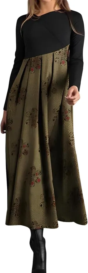 Dresses for Women 2025 Spring Midi V Neck Long Sleeve Work Boho Cute Modest Holiday Loose Dress