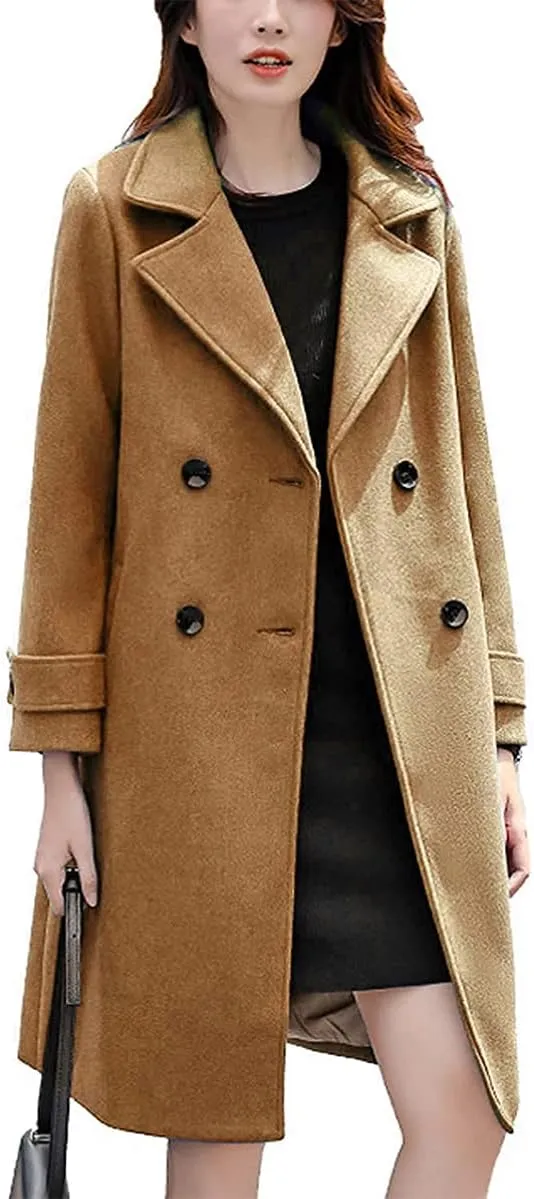 ebossy Women's Double Breasted Notched Collar Wool Blend Trench Coat Long Peacoat
