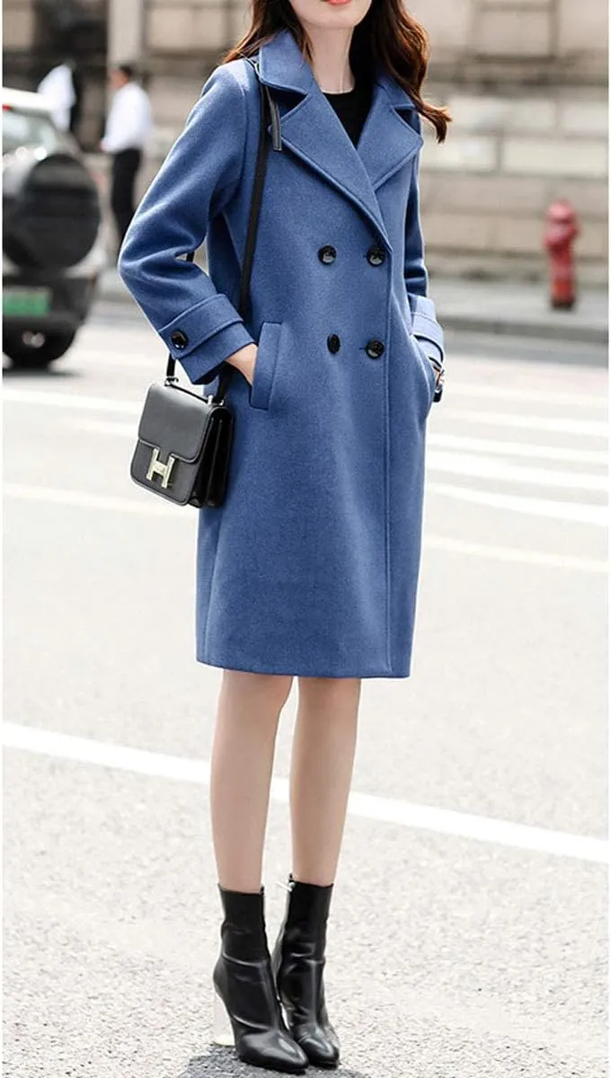 ebossy Women's Double Breasted Notched Collar Wool Blend Trench Coat Long Peacoat