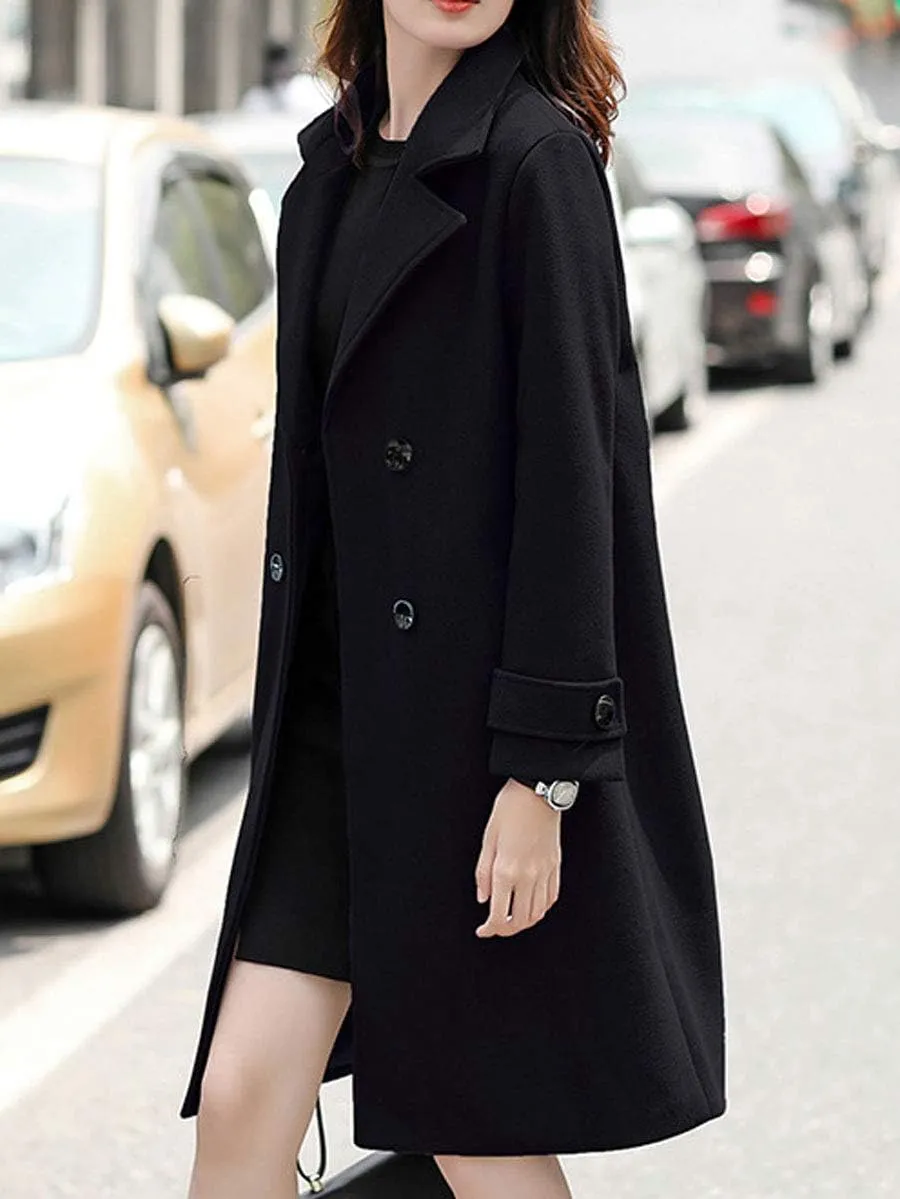 ebossy Women's Double Breasted Notched Collar Wool Blend Trench Coat Long Peacoat