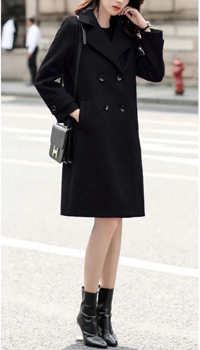 ebossy Women's Double Breasted Notched Collar Wool Blend Trench Coat Long Peacoat