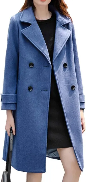 ebossy Women's Double Breasted Notched Collar Wool Blend Trench Coat Long Peacoat