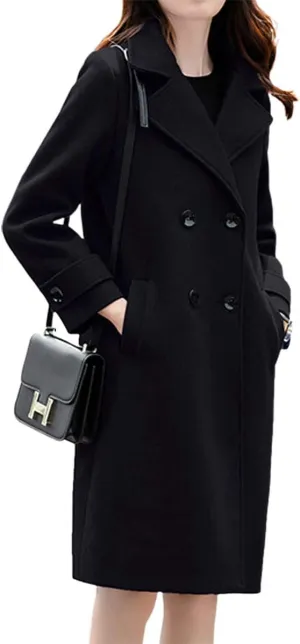 ebossy Women's Double Breasted Notched Collar Wool Blend Trench Coat Long Peacoat