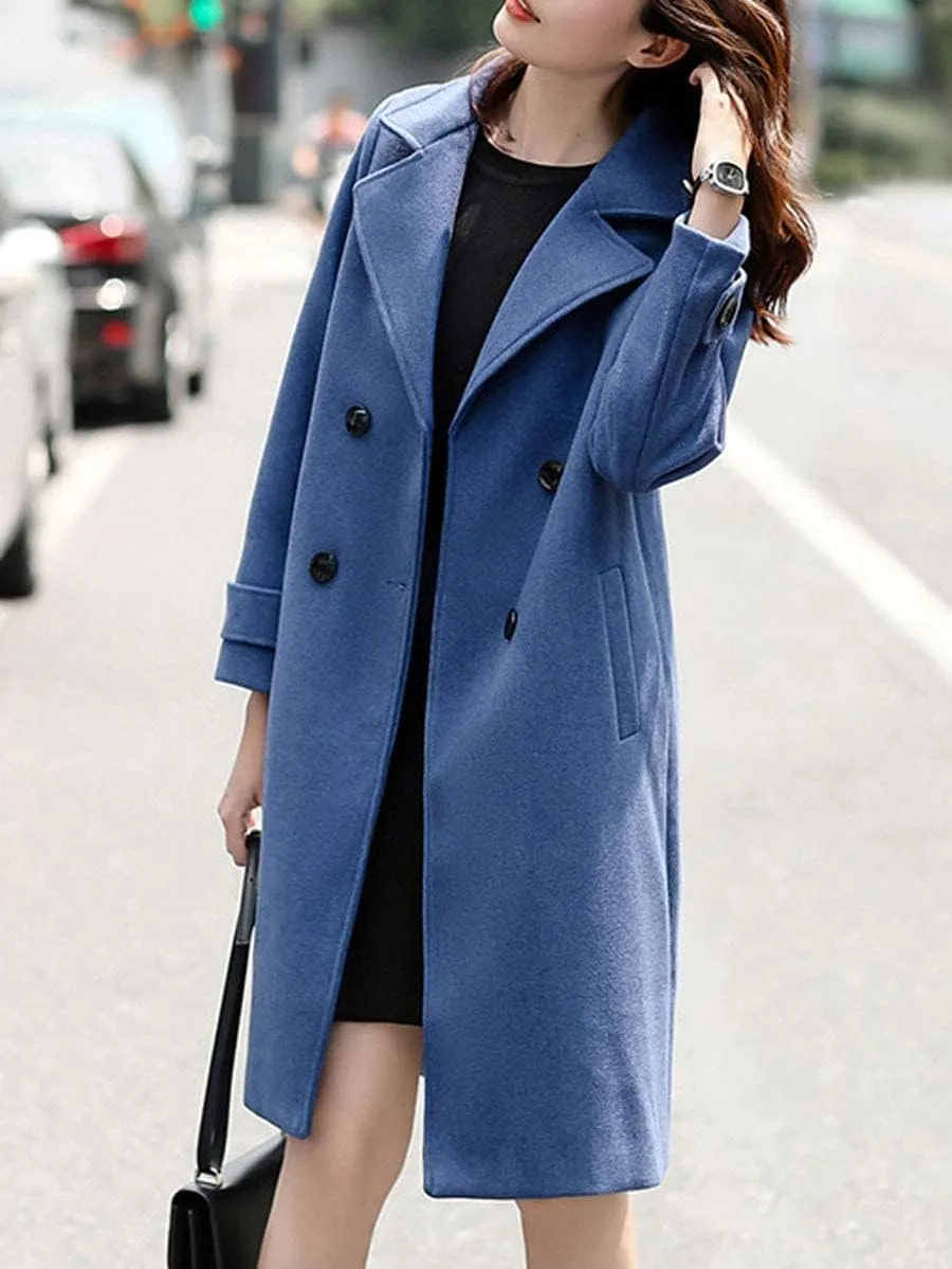ebossy Women's Double Breasted Notched Collar Wool Blend Trench Coat Long Peacoat
