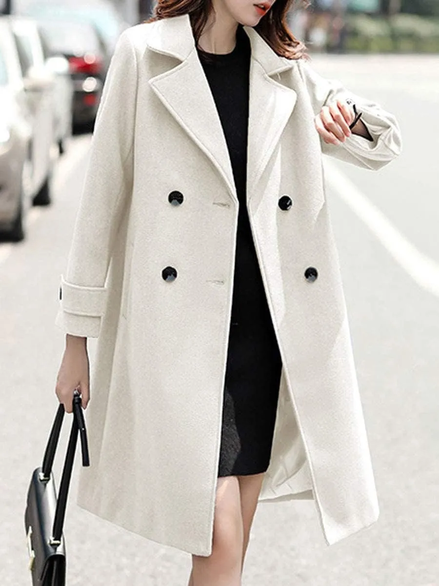 ebossy Women's Double Breasted Notched Collar Wool Blend Trench Coat Long Peacoat