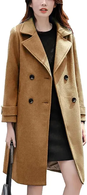 ebossy Women's Double Breasted Notched Collar Wool Blend Trench Coat Long Peacoat