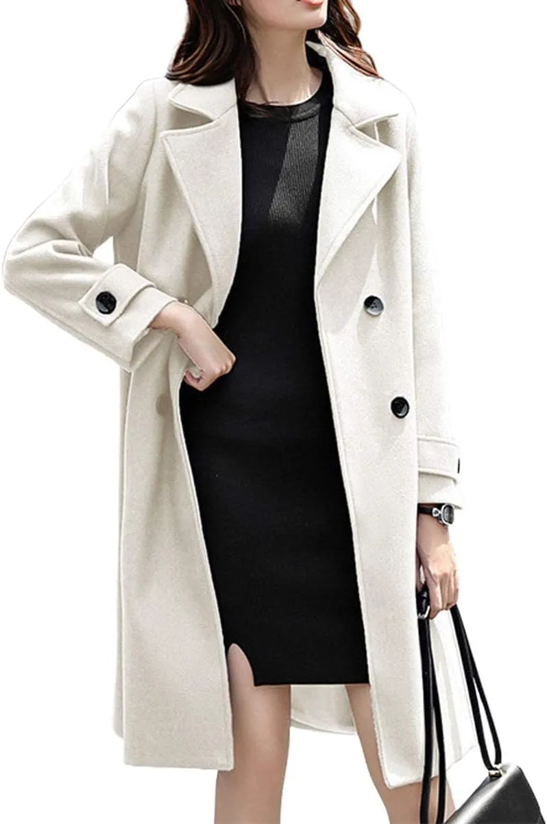 ebossy Women's Double Breasted Notched Collar Wool Blend Trench Coat Long Peacoat