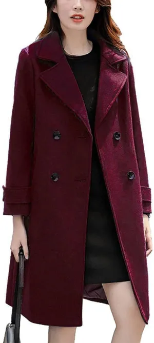 ebossy Women's Double Breasted Notched Collar Wool Blend Trench Coat Long Peacoat