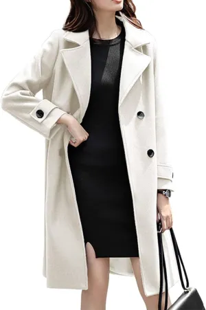 ebossy Women's Double Breasted Notched Collar Wool Blend Trench Coat Long Peacoat