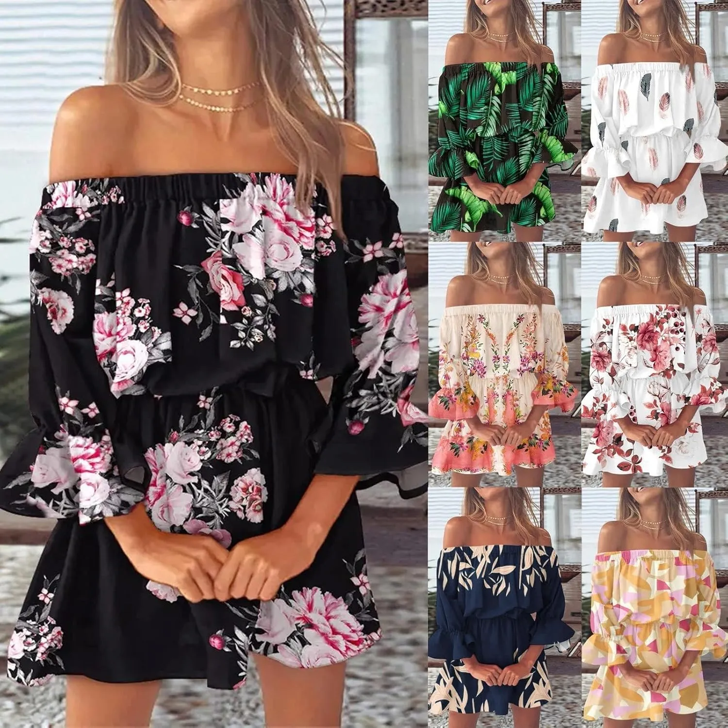 Eduavar Summer Dresses for Women 2024, Beach Dresses for Women 2024 Vacation Sexy Off Shoulder Mini Dress Casual Loose Dress