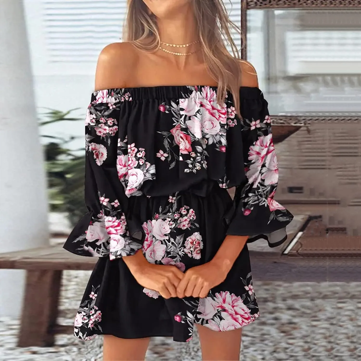 Eduavar Summer Dresses for Women 2024, Beach Dresses for Women 2024 Vacation Sexy Off Shoulder Mini Dress Casual Loose Dress