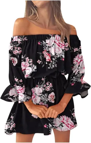 Eduavar Summer Dresses for Women 2024, Beach Dresses for Women 2024 Vacation Sexy Off Shoulder Mini Dress Casual Loose Dress