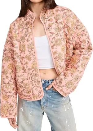 Eisctnd Women's Cropped Floral Quilted Jacket Lightweight Long Sleeve Padded Puffer Horn Button Coat