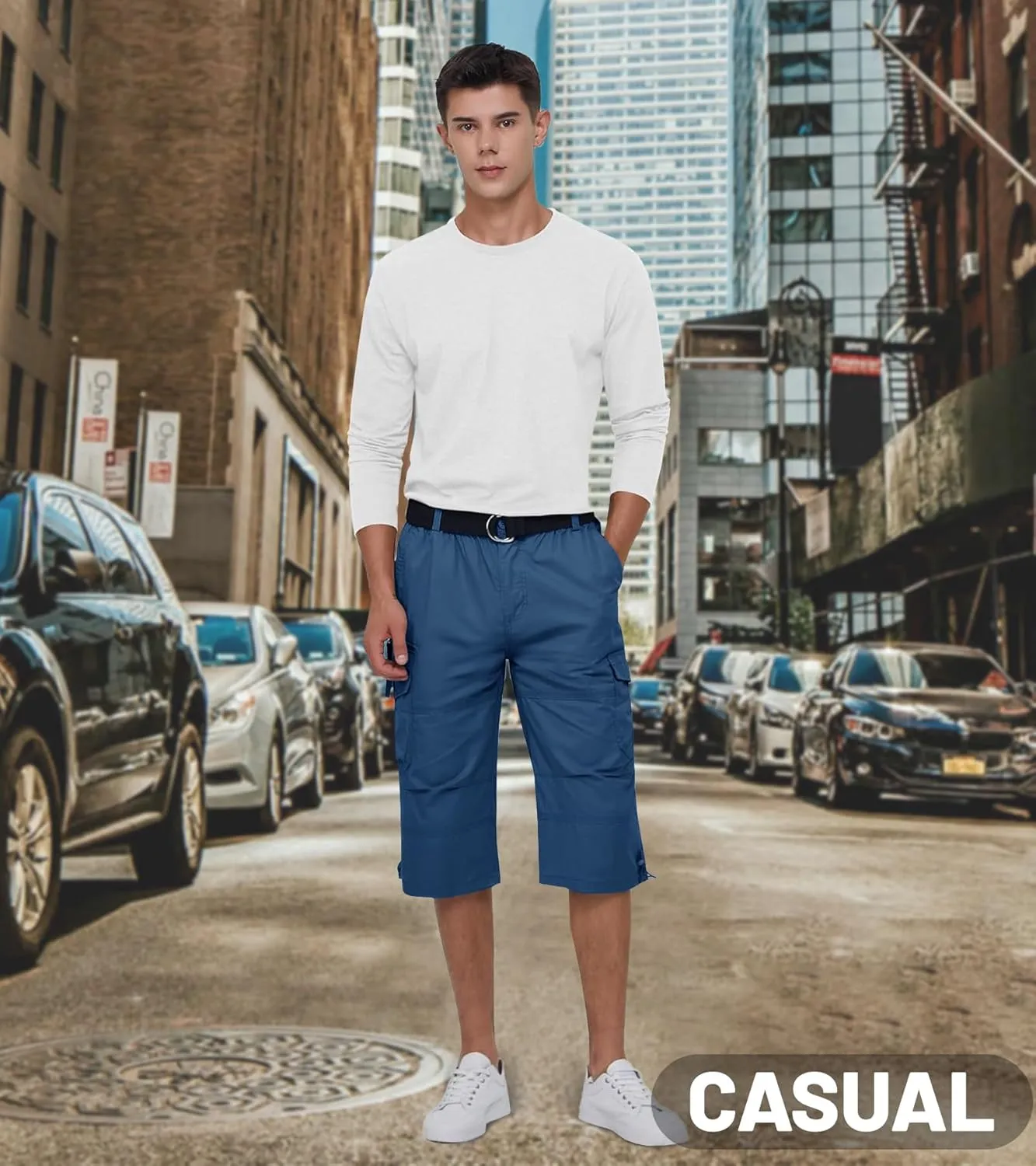 EKLENTSON Men's Cargo Shorts Casual Twill Elastic 3/4 Capri Pants Below Knee Long Shorts with 7 Pockets