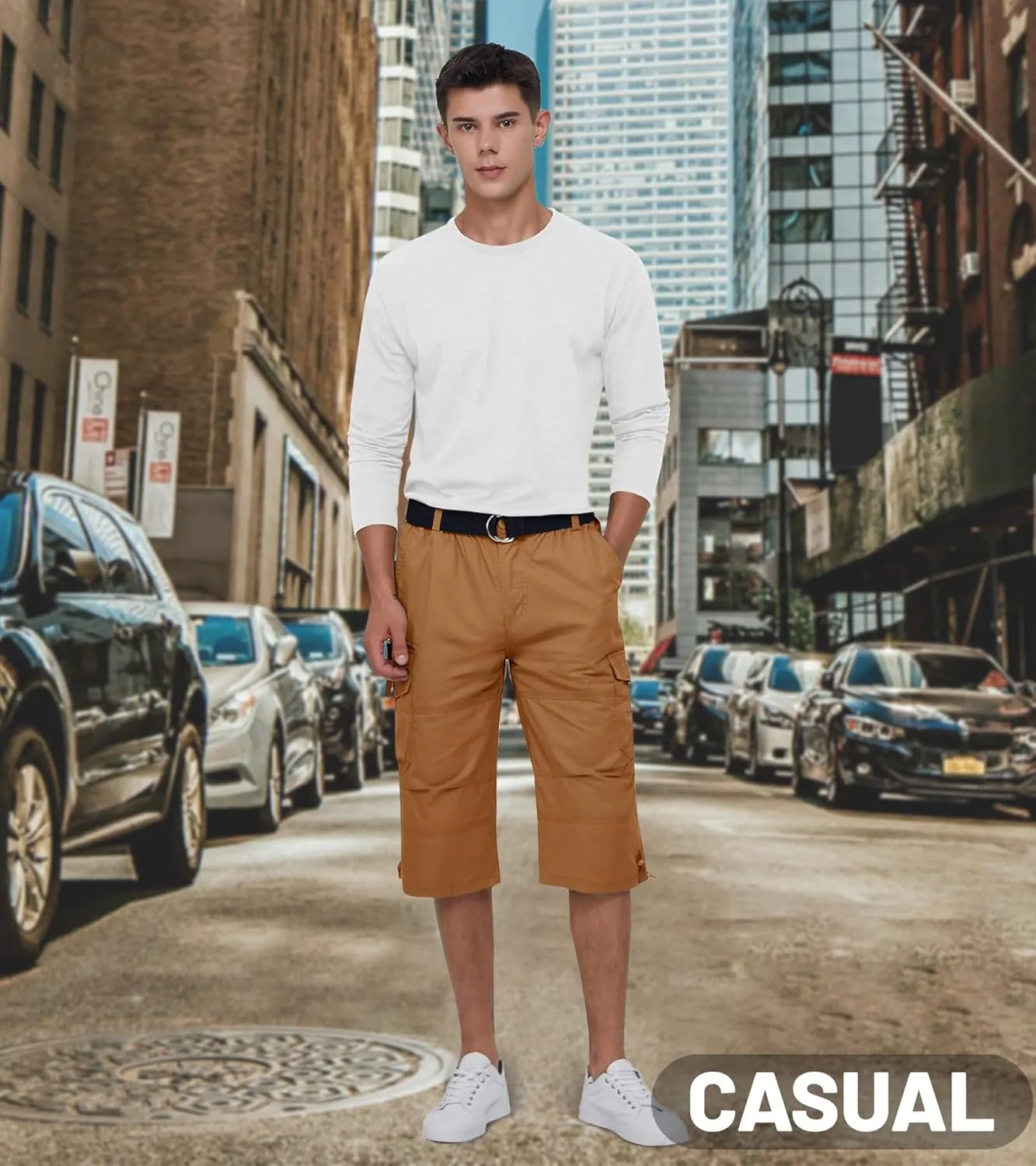 EKLENTSON Men's Cargo Shorts Casual Twill Elastic 3/4 Capri Pants Below Knee Long Shorts with 7 Pockets