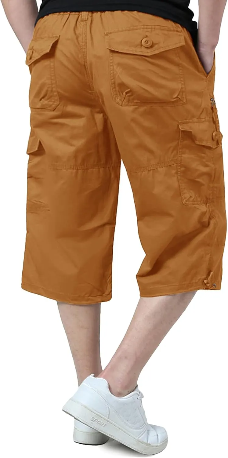EKLENTSON Men's Cargo Shorts Casual Twill Elastic 3/4 Capri Pants Below Knee Long Shorts with 7 Pockets