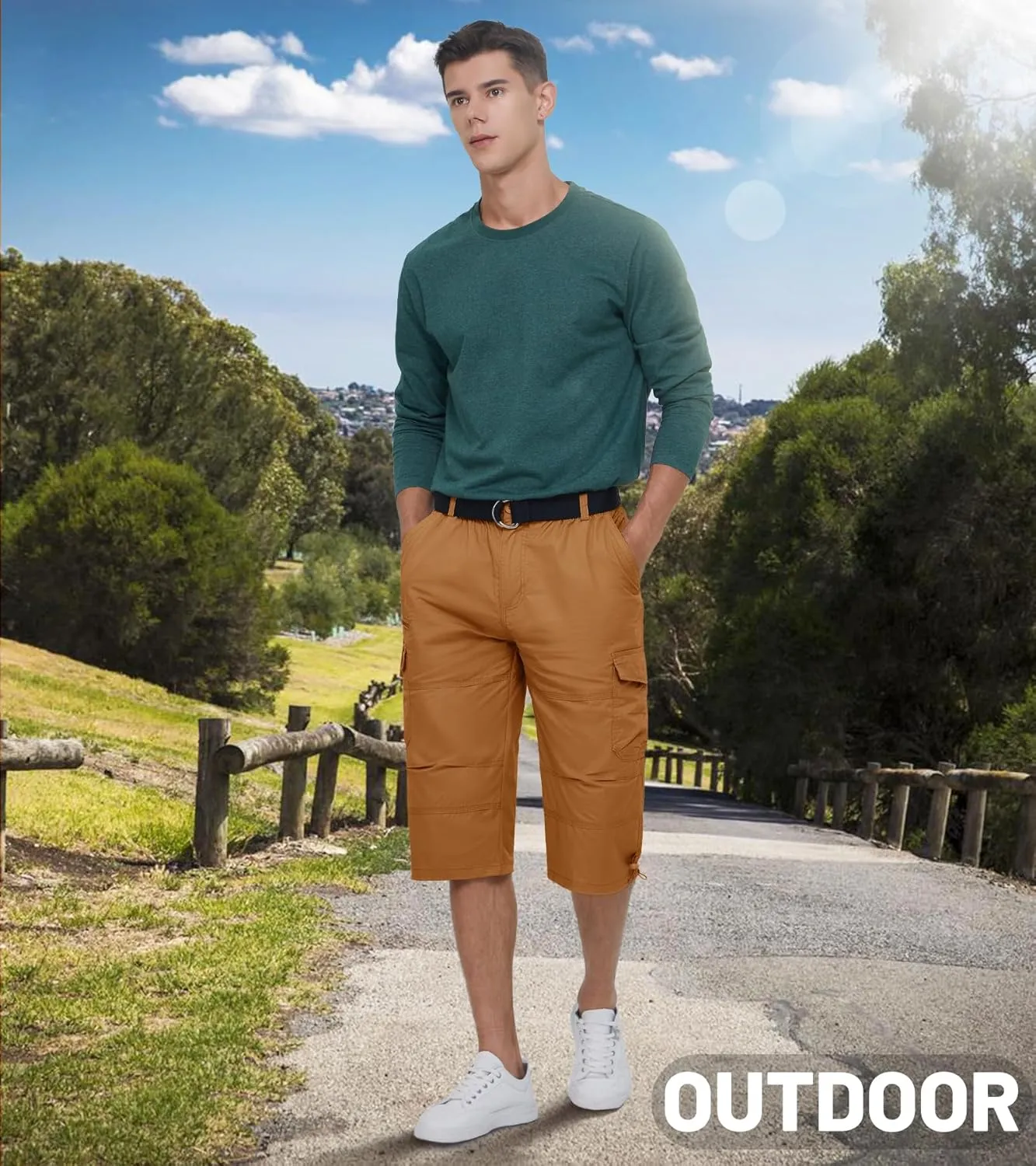 EKLENTSON Men's Cargo Shorts Casual Twill Elastic 3/4 Capri Pants Below Knee Long Shorts with 7 Pockets