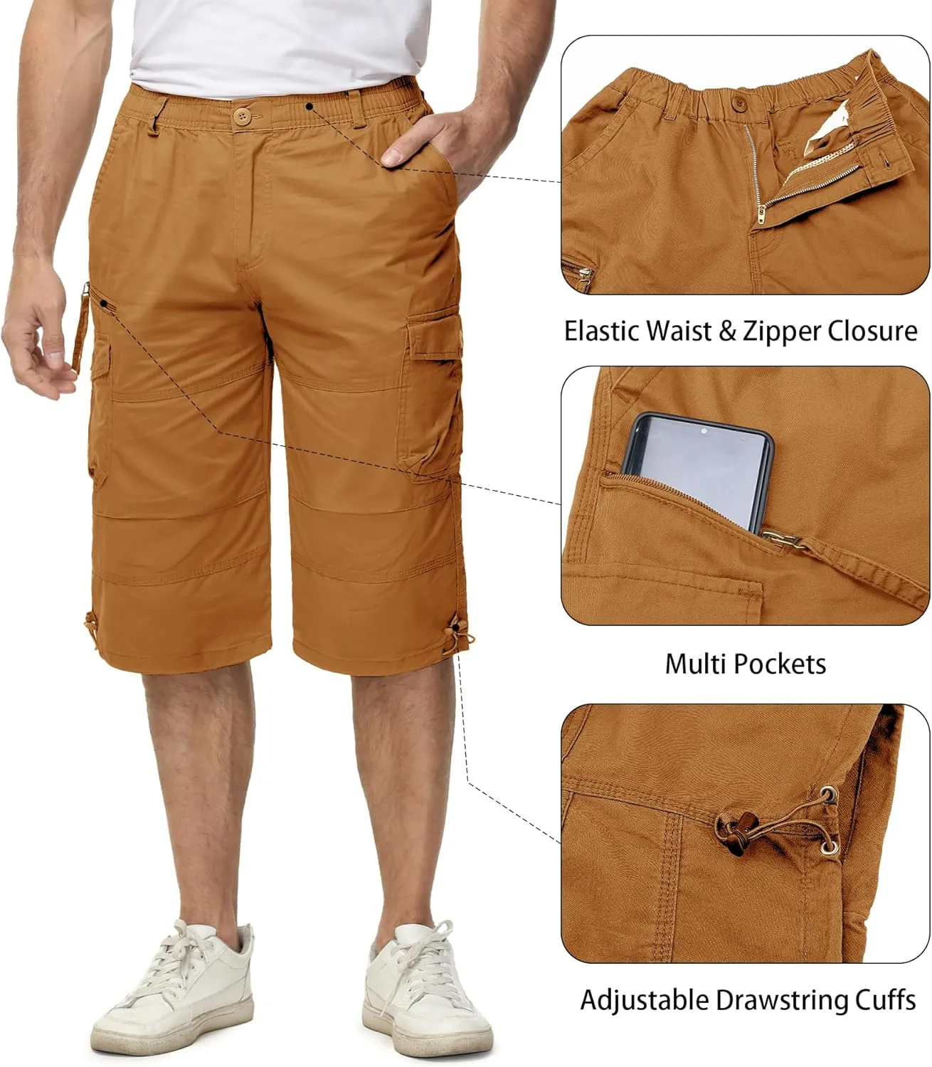 EKLENTSON Men's Cargo Shorts Casual Twill Elastic 3/4 Capri Pants Below Knee Long Shorts with 7 Pockets