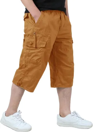 EKLENTSON Men's Cargo Shorts Casual Twill Elastic 3/4 Capri Pants Below Knee Long Shorts with 7 Pockets