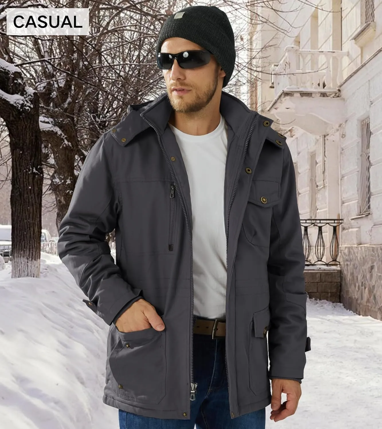 EKLENTSON Men's Winter Coat Fleece Lined Military Jacekt Thick Cotton Parka Jacket Warm Cargo Jacket Work Coat with Hood