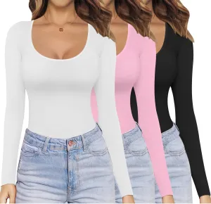 Ekouaer Womens 3 Pack Long Sleeve Shirts Scoop Neck Tops Stretch Fitted Undershirt Lightweight Basic Thermal Tee XS-XXL