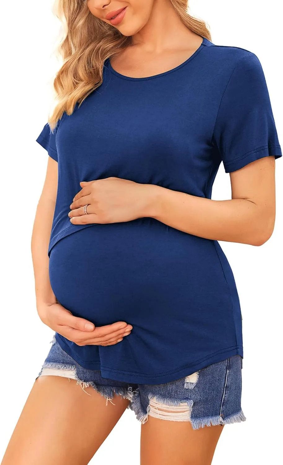 Ekouaer Women's Maternity Shirts Short Sleeves Nursing Tops 3 Pack Double Laye Breastfeeding Tees Pregnancy Clothes S-XXL