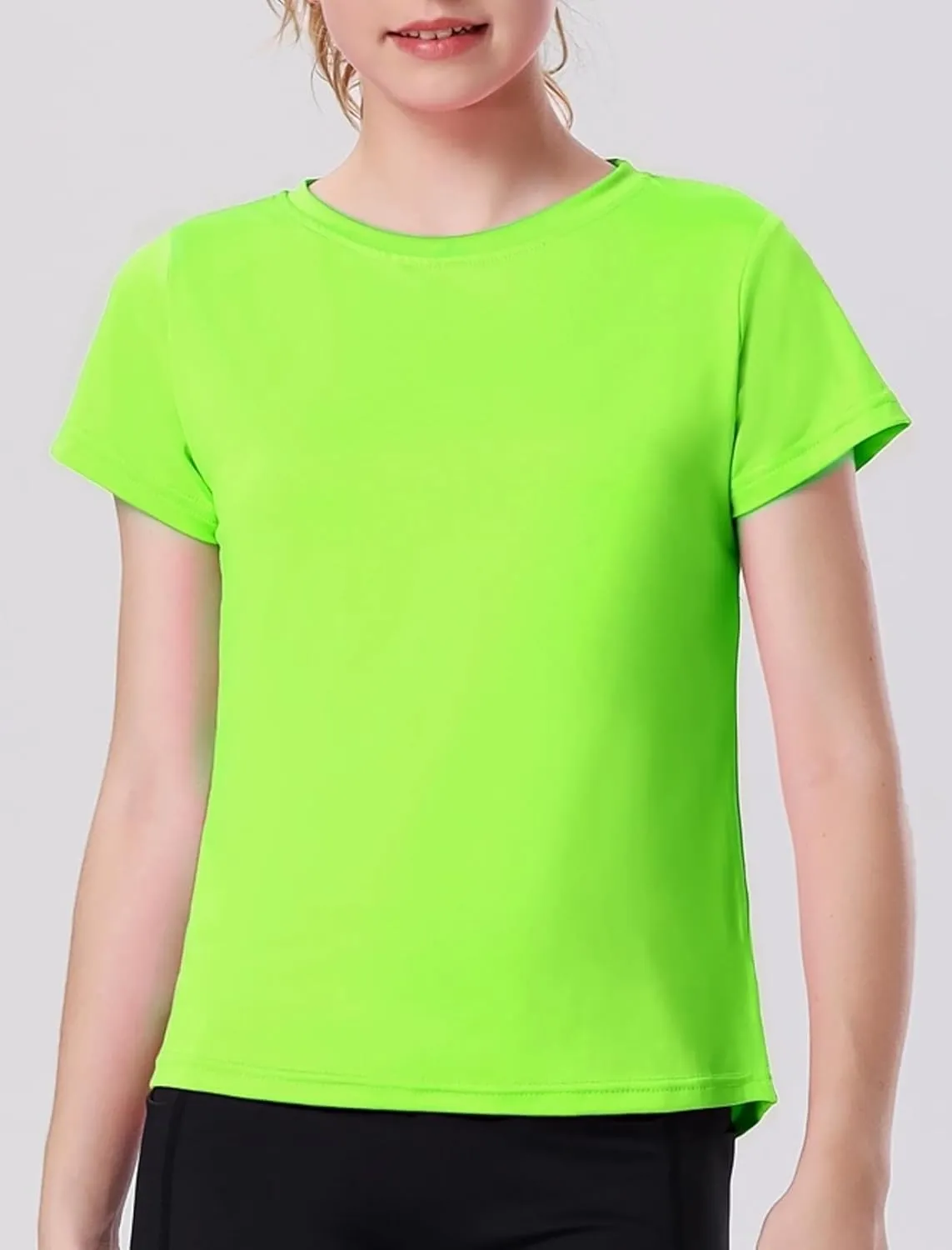 EXARUS 4 Pack Girls Athletic Shirts Quick Dry Short Sleeve Tshirts Crewneck Tee Workout Activewear Tops for Kids 8-16Y