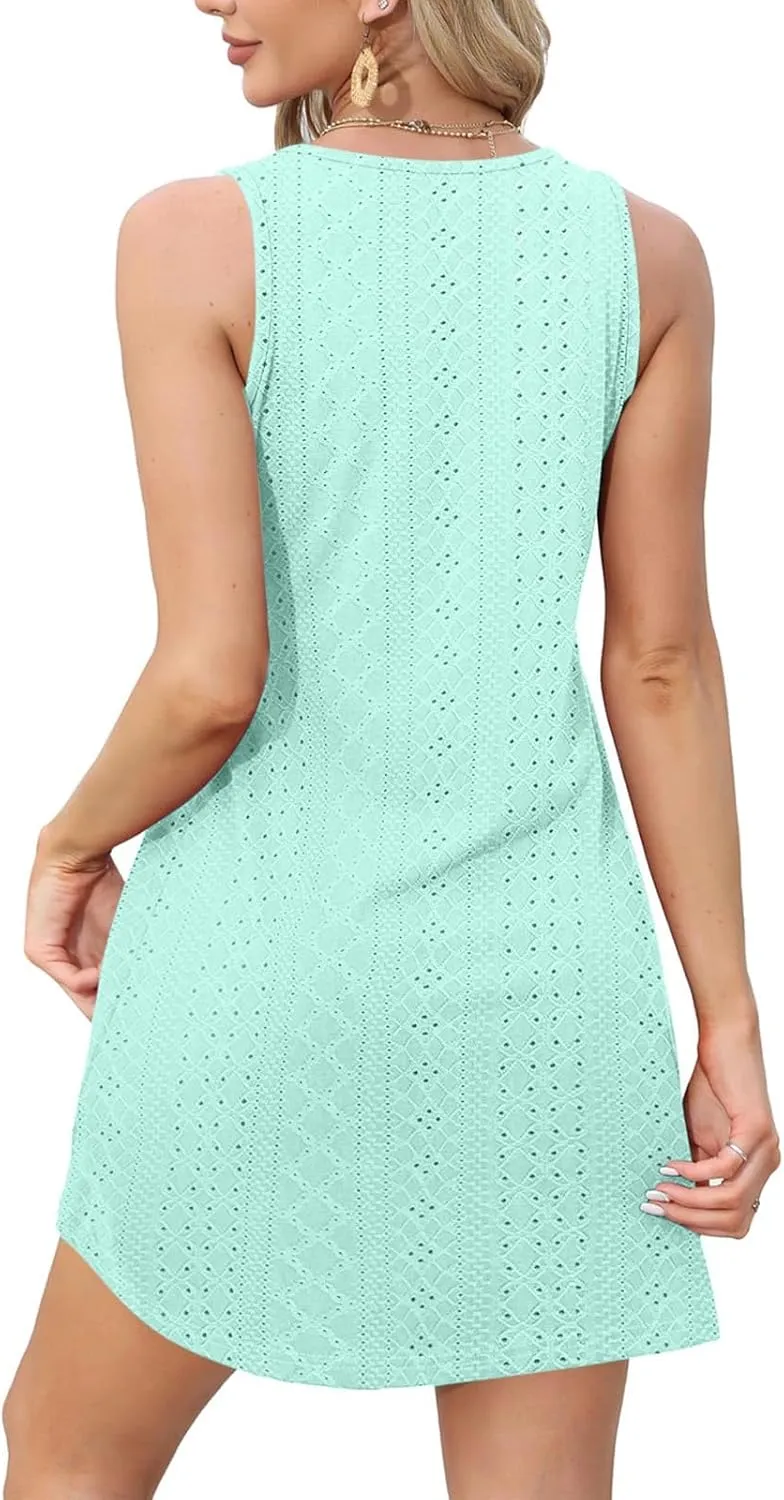 Eyelet Dress for Women 2025 Casual Sleeveless V Neck Solid Color Mini Sundress Trendy Boho Summer Dress with Pockets