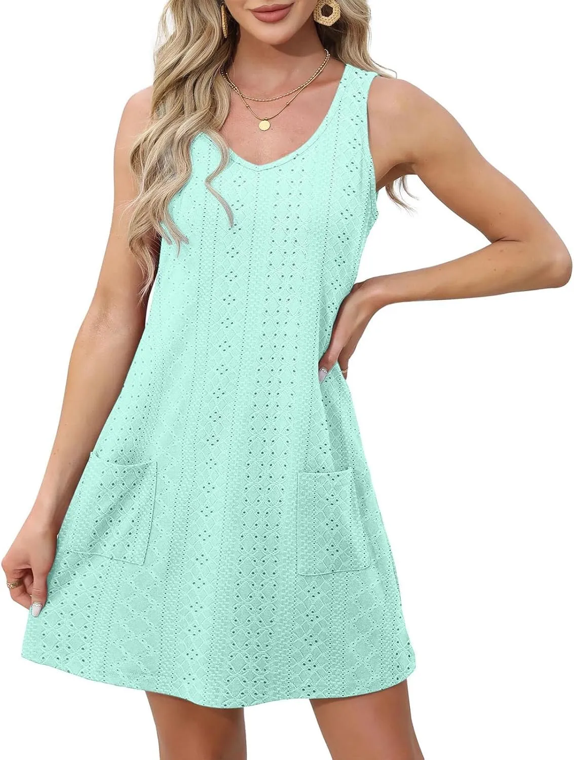 Eyelet Dress for Women 2025 Casual Sleeveless V Neck Solid Color Mini Sundress Trendy Boho Summer Dress with Pockets