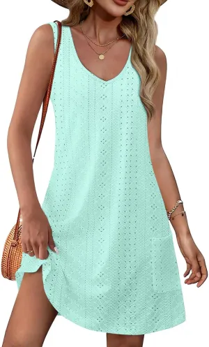 Eyelet Dress for Women 2025 Casual Sleeveless V Neck Solid Color Mini Sundress Trendy Boho Summer Dress with Pockets