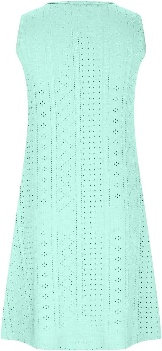Eyelet Dress for Women 2025 Casual Sleeveless V Neck Solid Color Mini Sundress Trendy Boho Summer Dress with Pockets