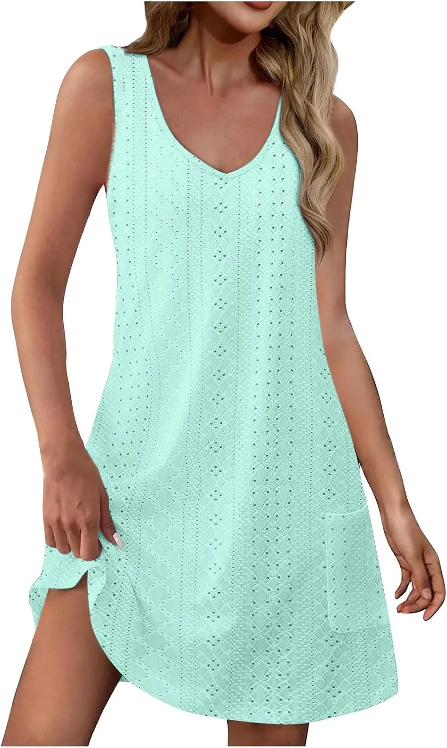 Eyelet Dress for Women 2025 Casual Sleeveless V Neck Solid Color Mini Sundress Trendy Boho Summer Dress with Pockets
