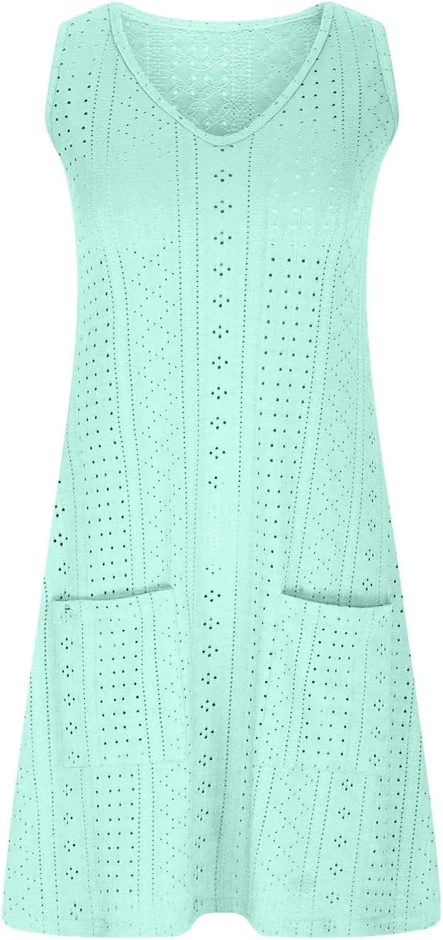 Eyelet Dress for Women 2025 Casual Sleeveless V Neck Solid Color Mini Sundress Trendy Boho Summer Dress with Pockets