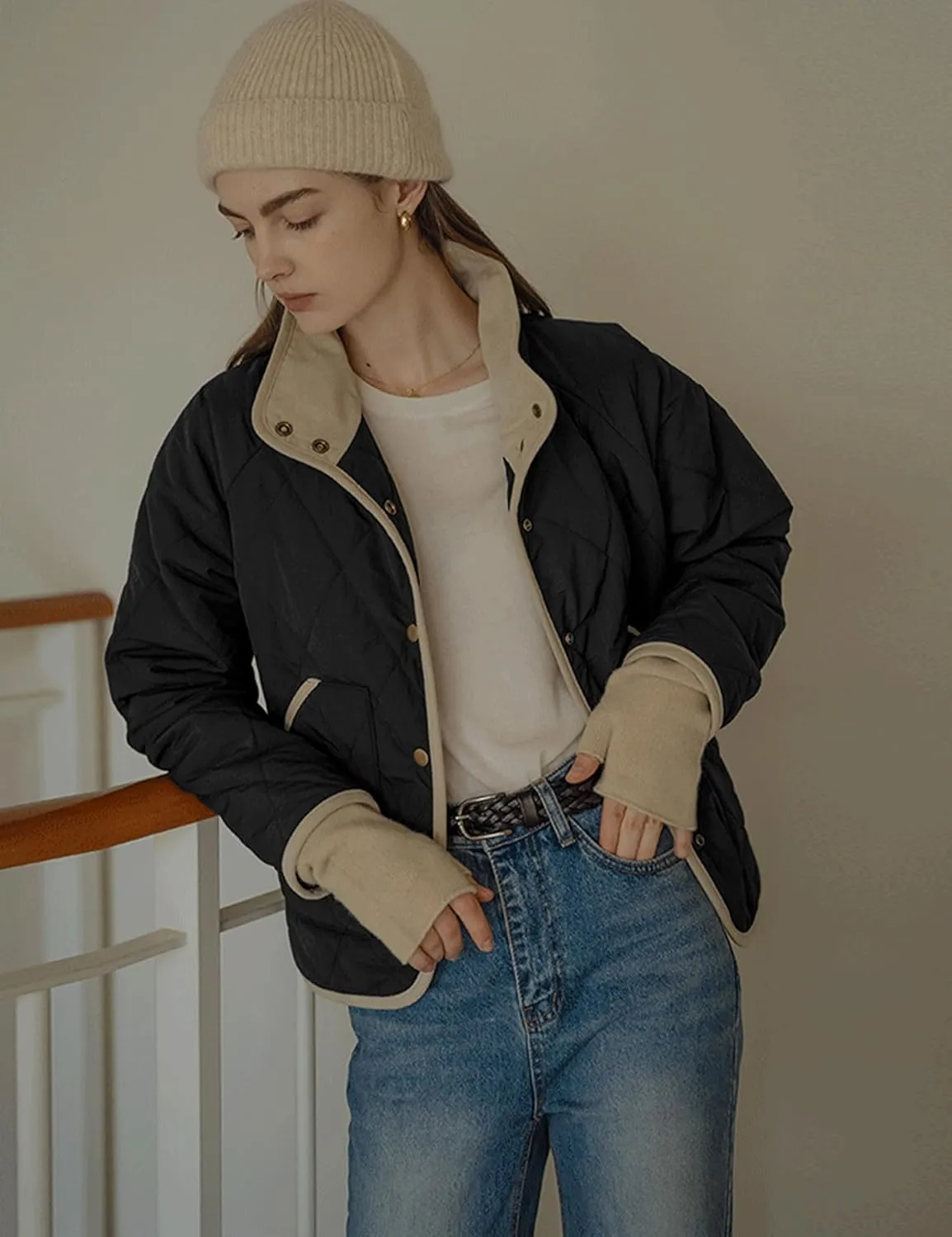Faleave Women's Quilted Jacket Button Down Puffer Jacket Lightweight Coats Padded Outwear with Pockets