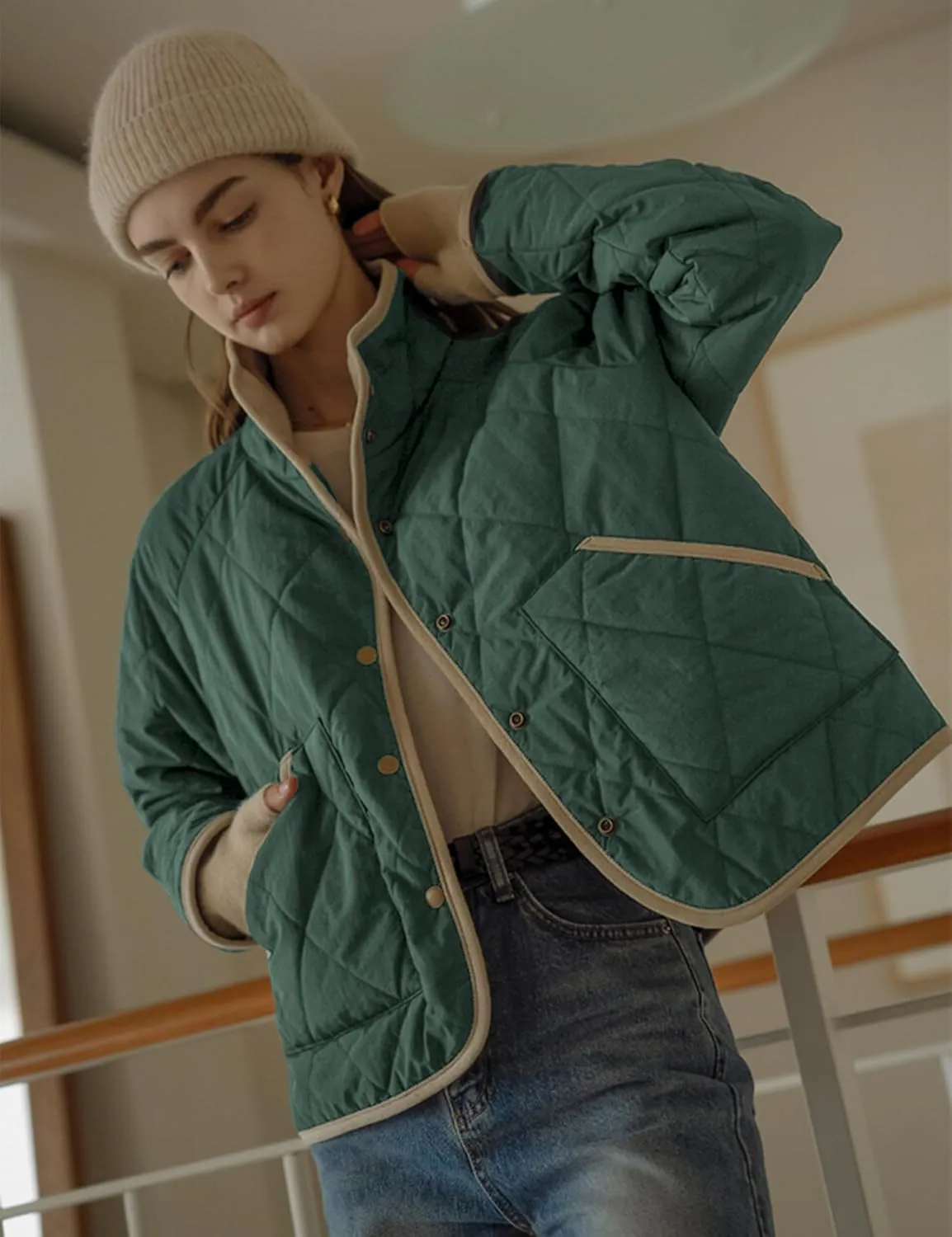 Faleave Women's Quilted Jacket Button Down Puffer Jacket Lightweight Coats Padded Outwear with Pockets