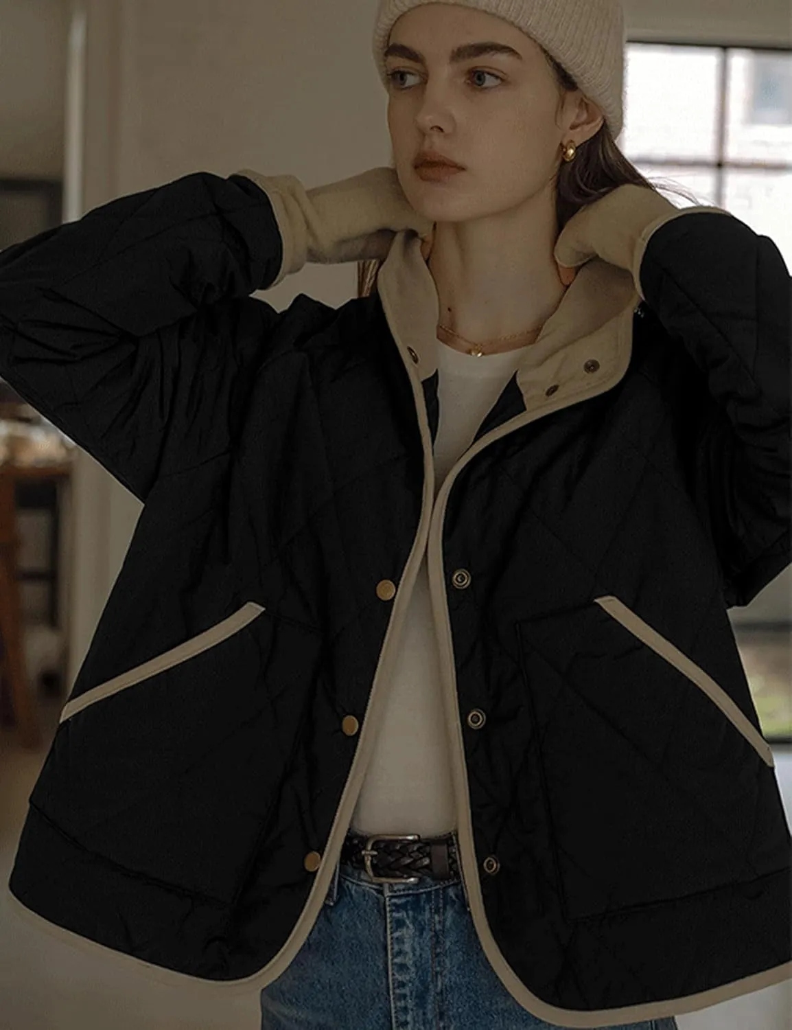 Faleave Women's Quilted Jacket Button Down Puffer Jacket Lightweight Coats Padded Outwear with Pockets