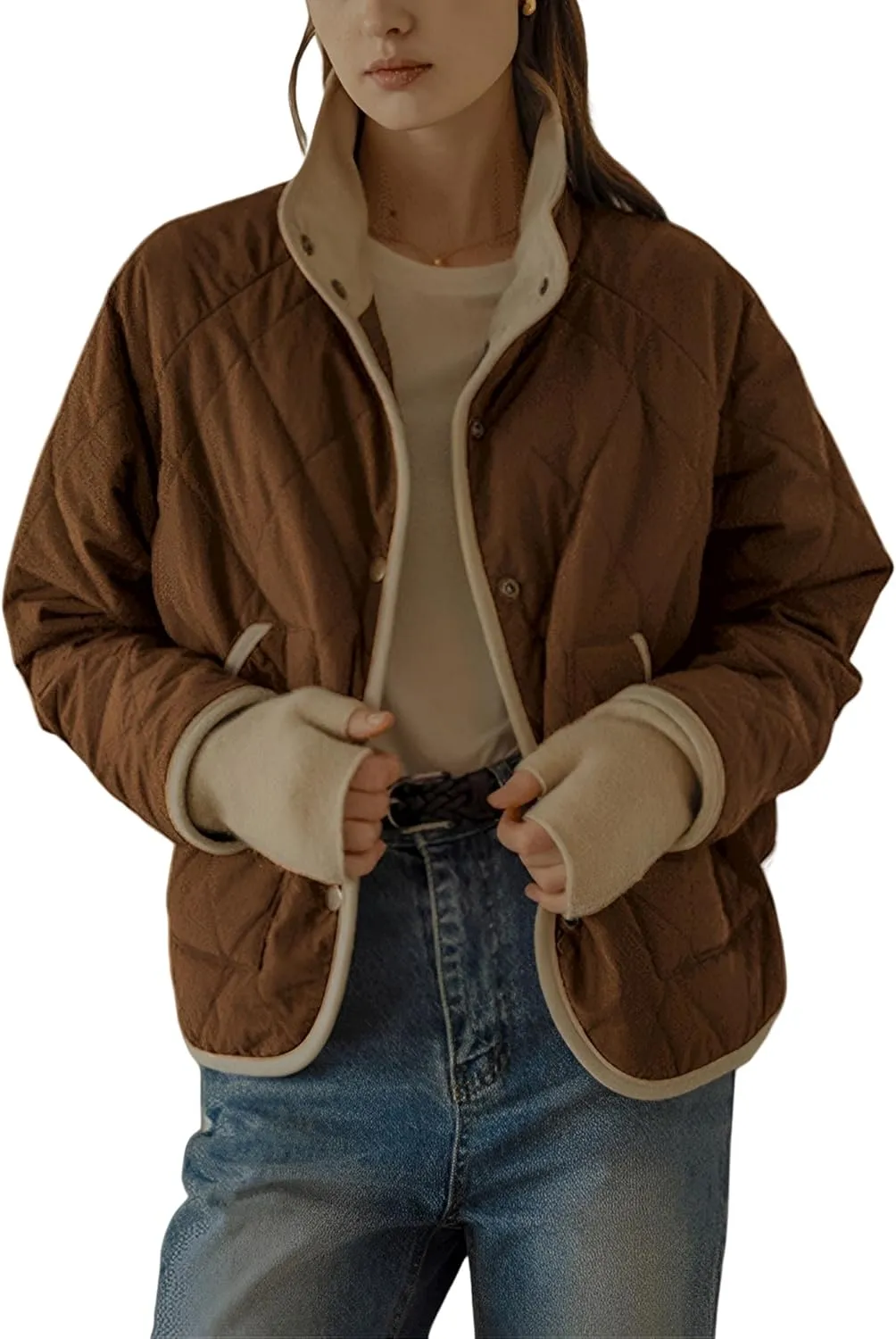Faleave Women's Quilted Jacket Button Down Puffer Jacket Lightweight Coats Padded Outwear with Pockets