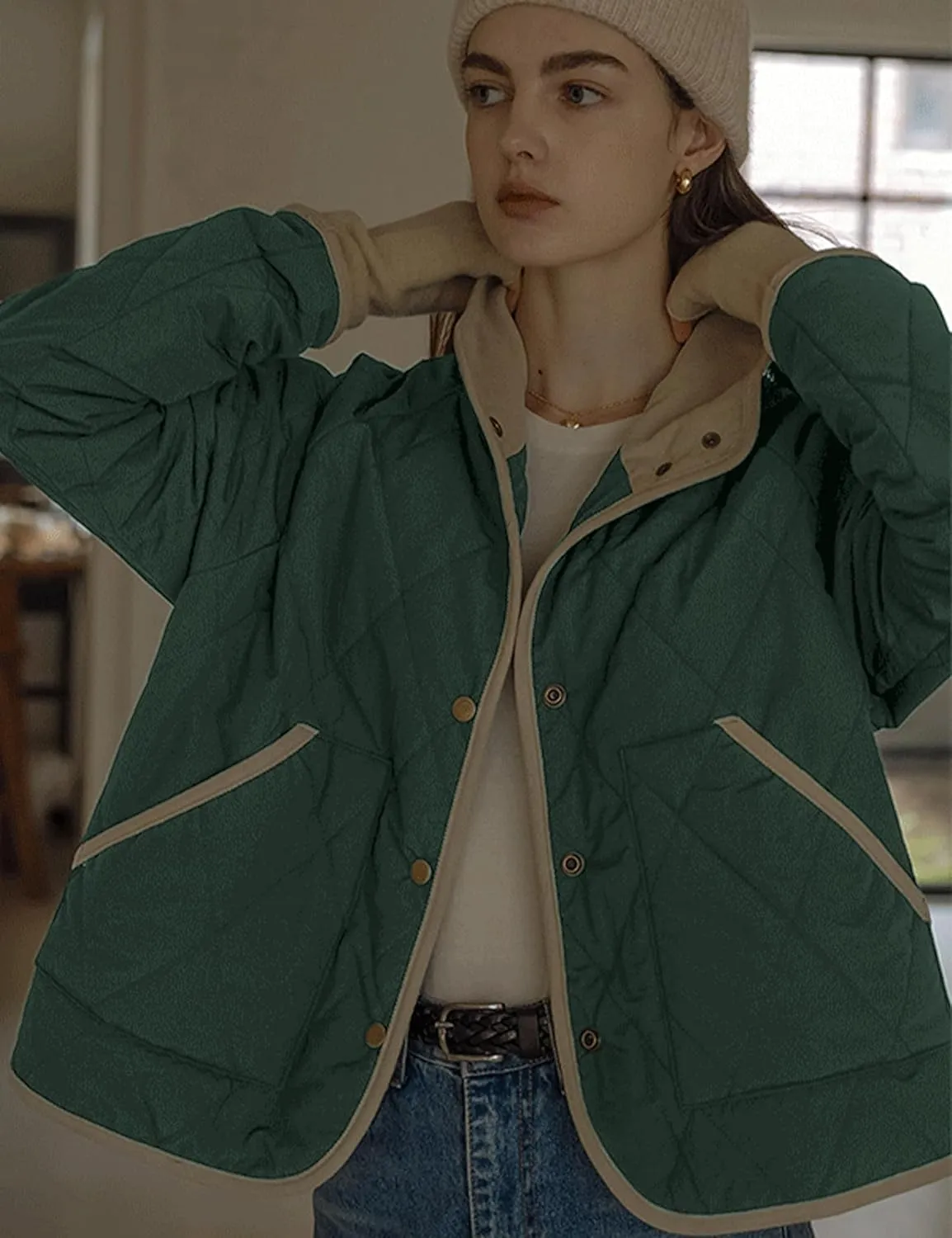 Faleave Women's Quilted Jacket Button Down Puffer Jacket Lightweight Coats Padded Outwear with Pockets