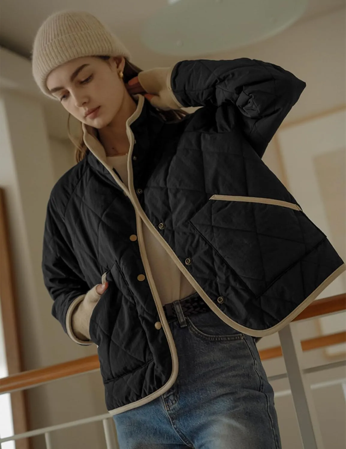 Faleave Women's Quilted Jacket Button Down Puffer Jacket Lightweight Coats Padded Outwear with Pockets