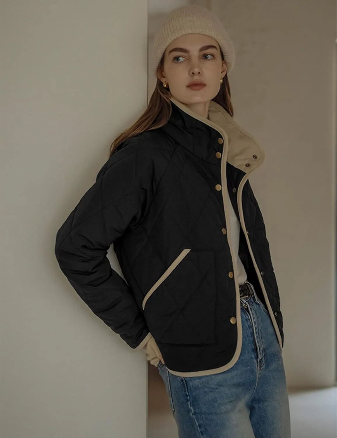Faleave Women's Quilted Jacket Button Down Puffer Jacket Lightweight Coats Padded Outwear with Pockets