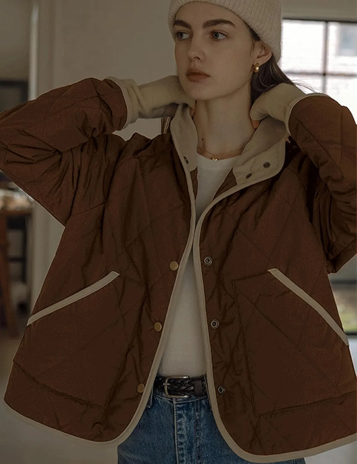 Faleave Women's Quilted Jacket Button Down Puffer Jacket Lightweight Coats Padded Outwear with Pockets