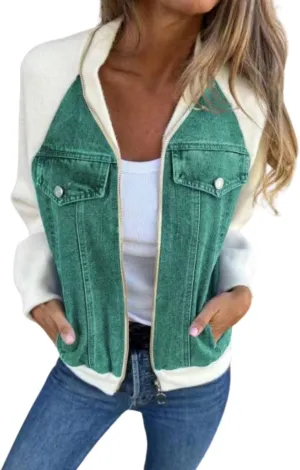Fall Zip Up Denim Jackets for Women 2024 Long Slevee Washed Lightweight Patchwork Jean Jacket Causal Y2K Sweatshirt