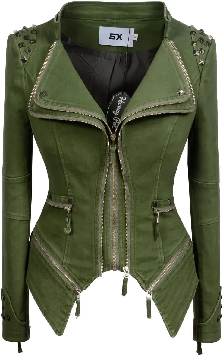 Fashion SX Womens Rivet Faux Leather Jacket Zipper Moto Biker Denim coat Motorcycle Outwear