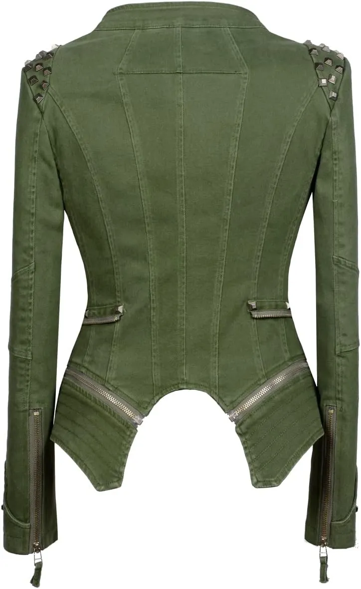 Fashion SX Womens Rivet Faux Leather Jacket Zipper Moto Biker Denim coat Motorcycle Outwear